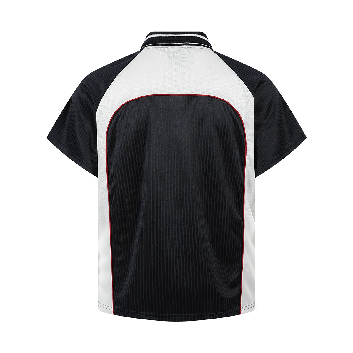 Back of a black short-sleeve jersey with a large white shoulder panel, red piping, and a striped collar.