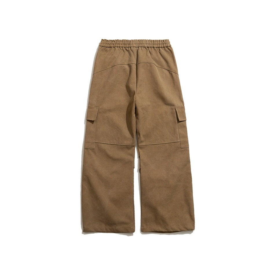 Khaki wide-leg cargo pants flat lay, back view, with seam panels and small side pockets