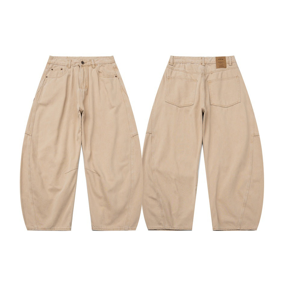 Beige pants shown from the front and back, with wide legs, front pockets and two rear patch pockets.