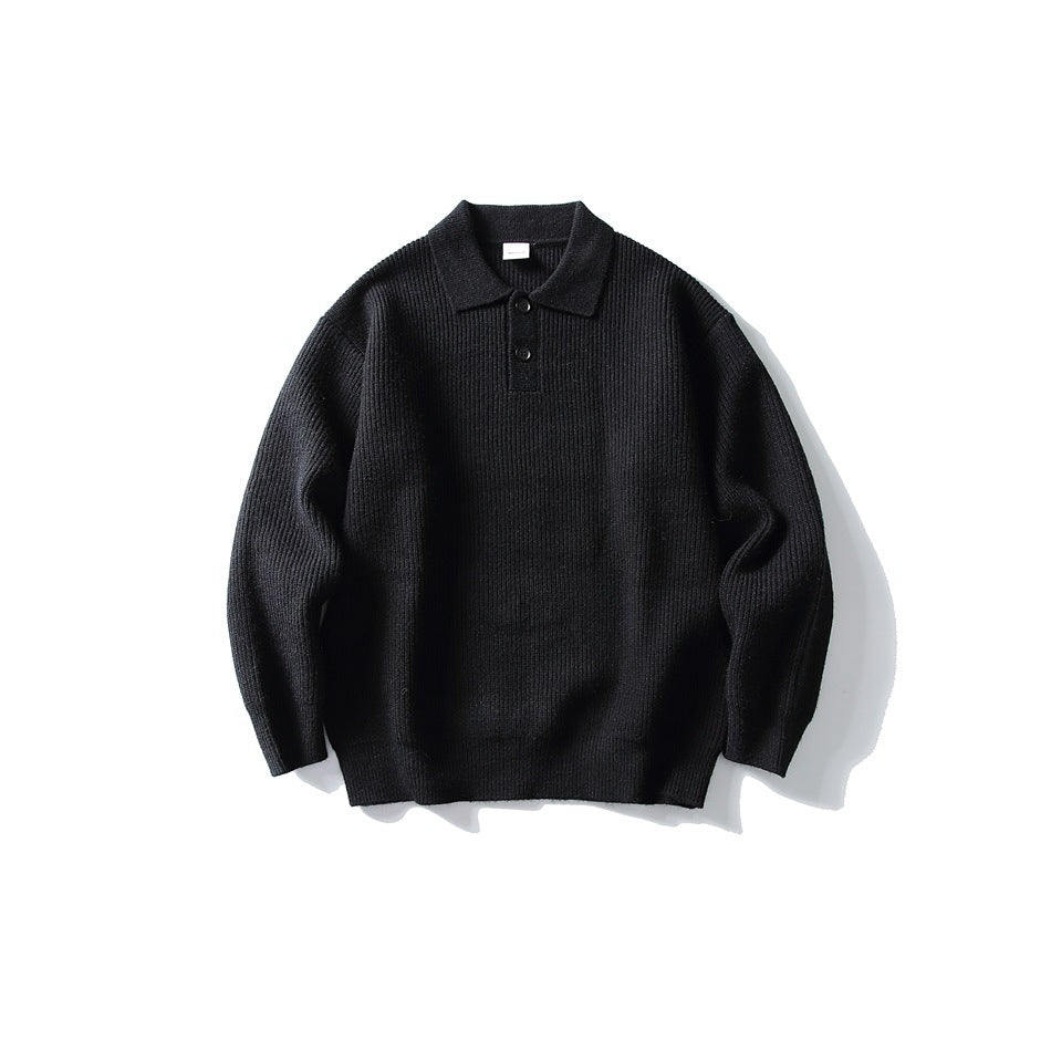 Black ribbed knit polo-collar sweater with two buttons, flat lay front view