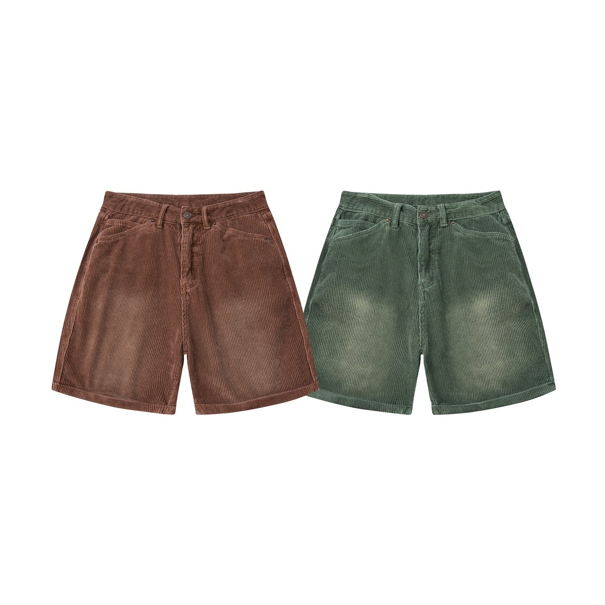 Front view of brown and green corduroy shorts with button closures, belt loops and angled front pockets.