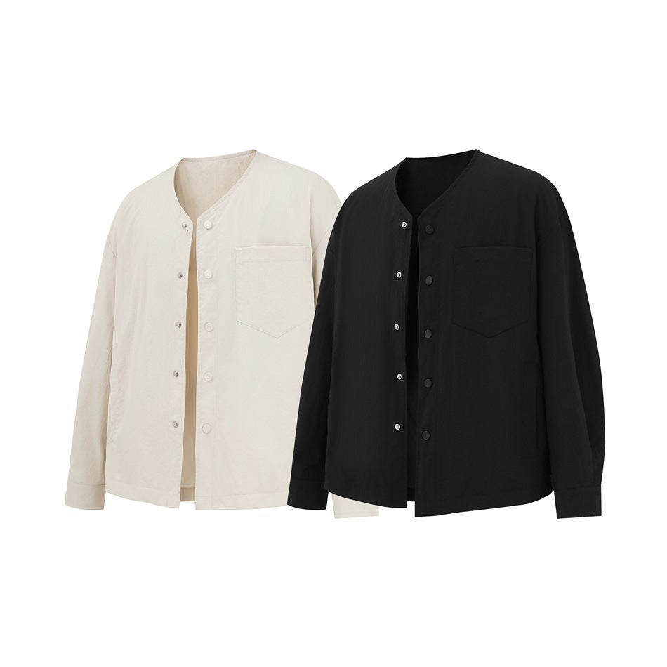 Ivory and black long-sleeved V-neck shirt jackets shown side by side, each with snap buttons and a chest pocket.