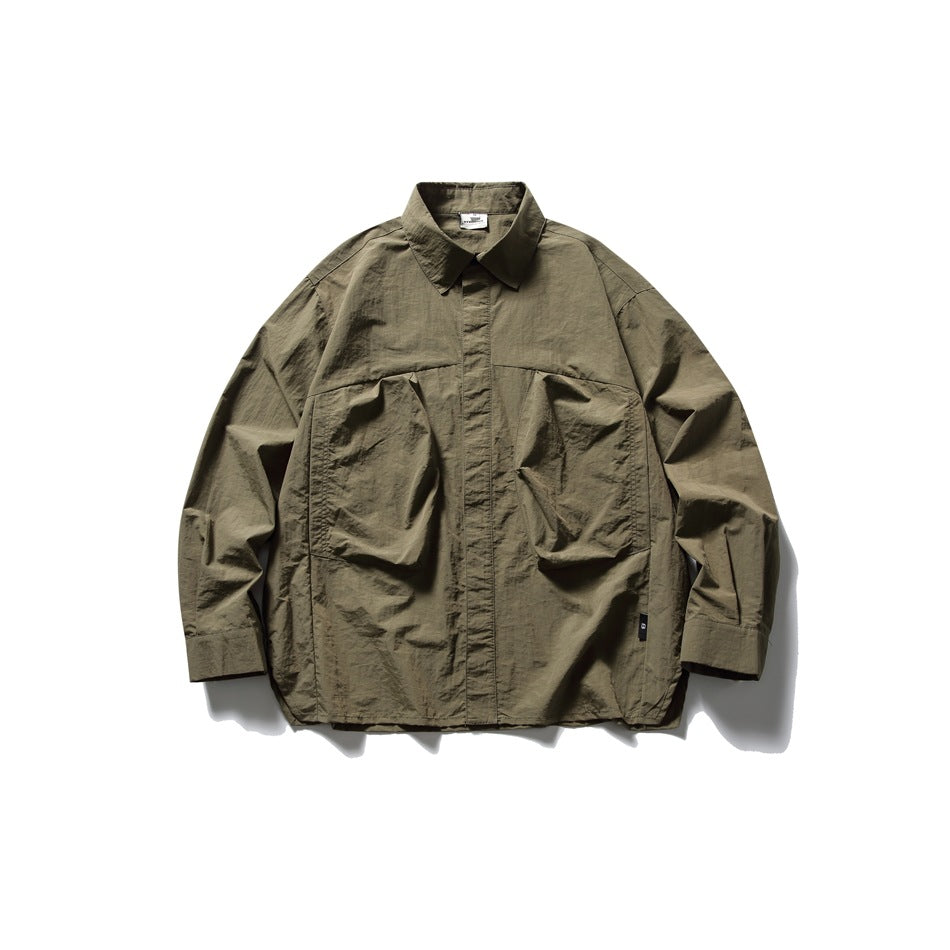 Olive green long-sleeve shirt flat lay with pointed collar, concealed placket and two large pleated chest pockets