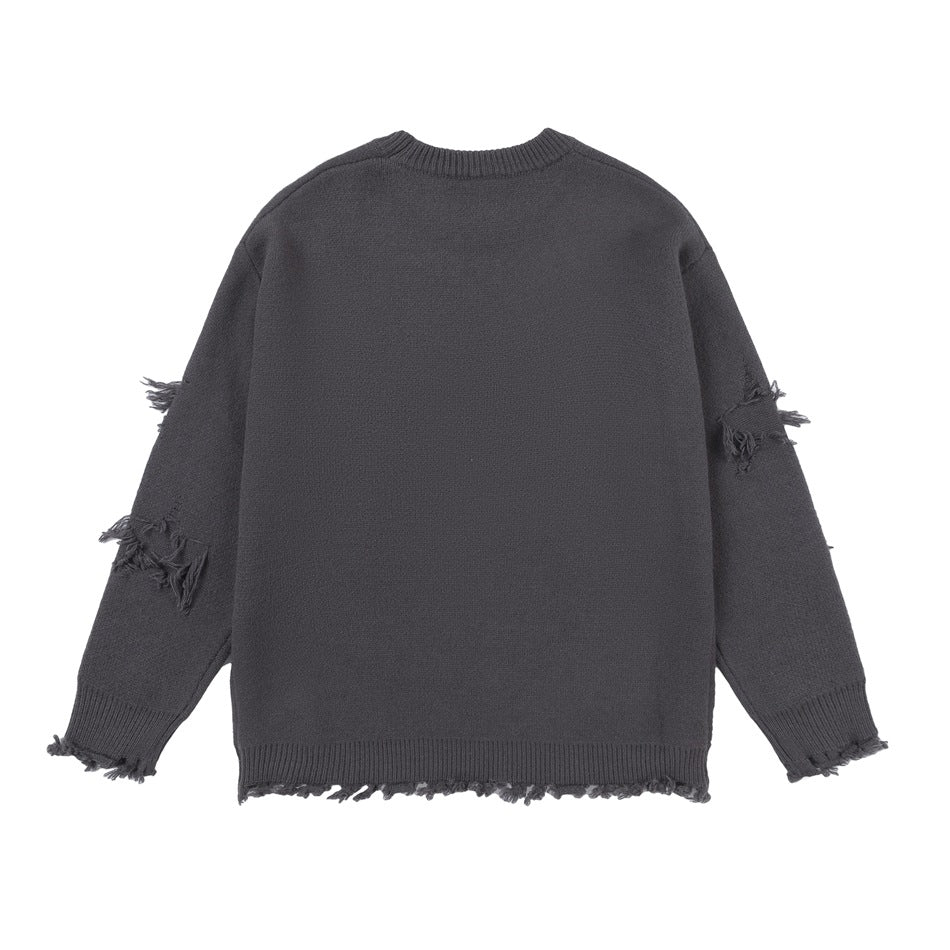 Back of a charcoal gray crewneck sweater with distressed sleeve accents, ribbed trim, and frayed edges.