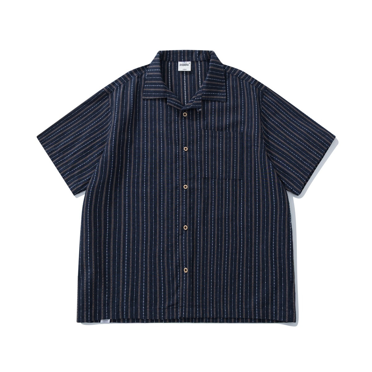Navy blue striped short-sleeve camp collar shirt with chest pocket and buttons, flat lay front view