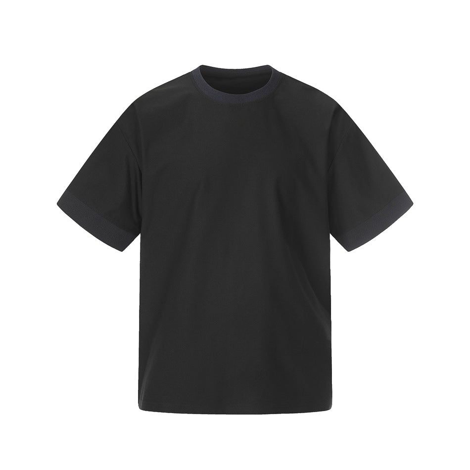Black short-sleeve crew neck t-shirt with charcoal textured trim at the collar and sleeve cuffs, front flat view
