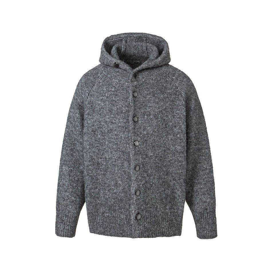 Gray heathered knit hooded cardigan with front buttons, raglan sleeves and ribbed cuffs, shown flat from the front