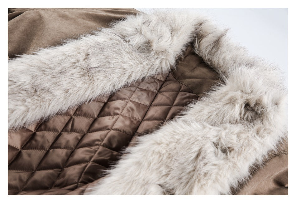 Pale fluffy trim frames the brown jacket's diamond-quilted lining.