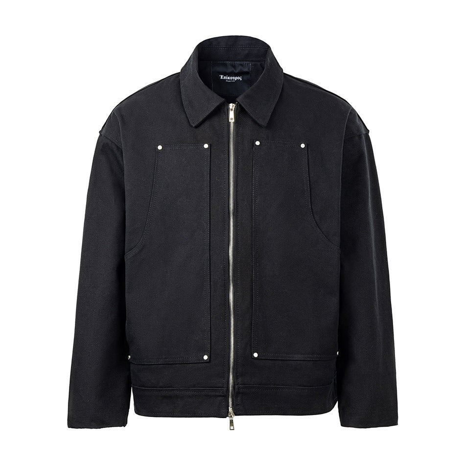 Black collared zip-front jacket with two large riveted front panel pockets, flat front view