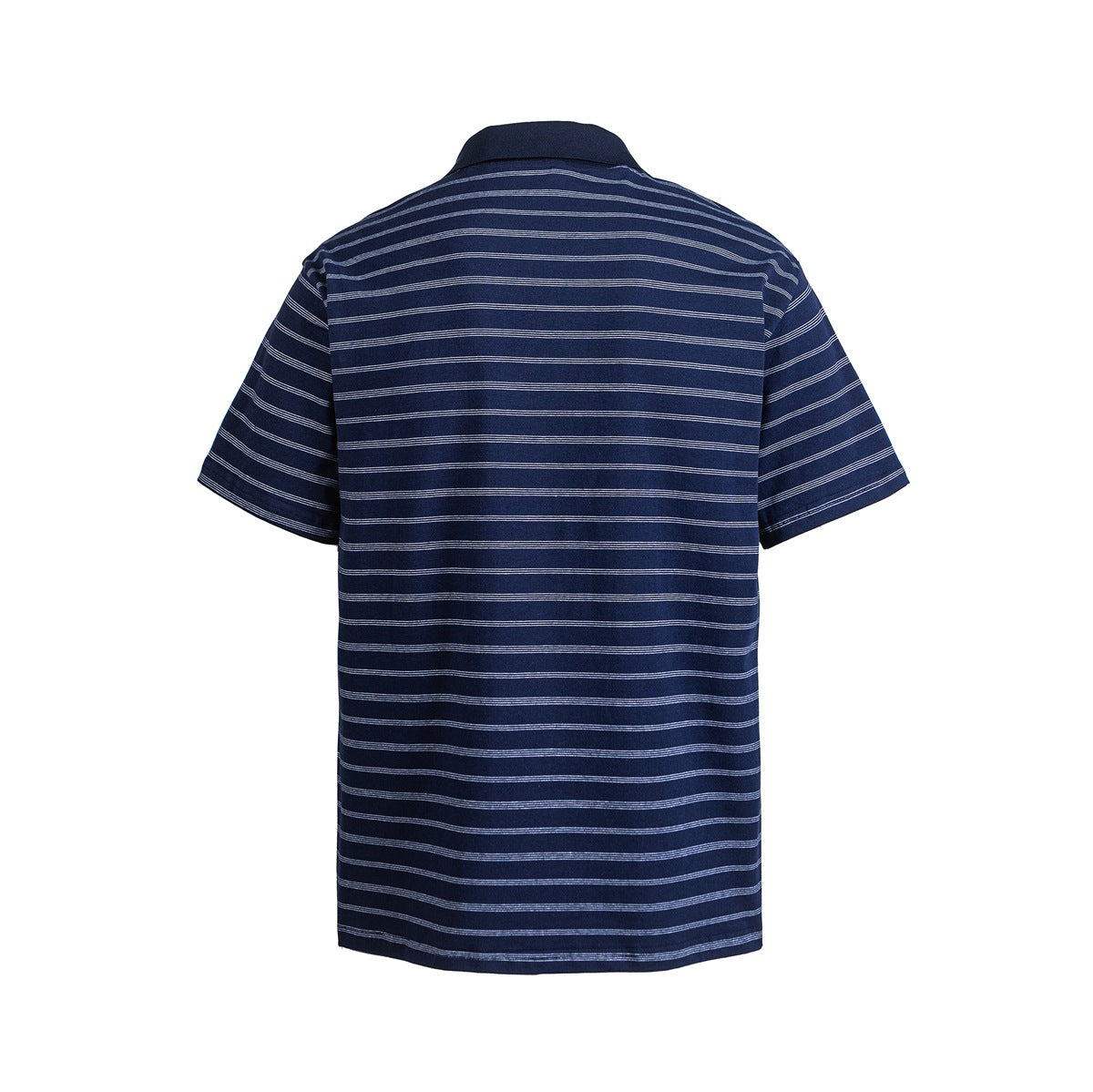 Back view of navy short-sleeve polo shirt with thin white horizontal stripes and navy collar