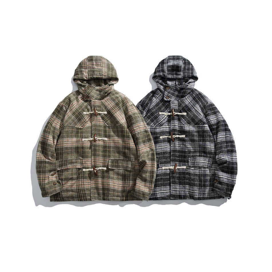 Two hooded plaid jackets shown from the front: one brown and olive, the other black and white.