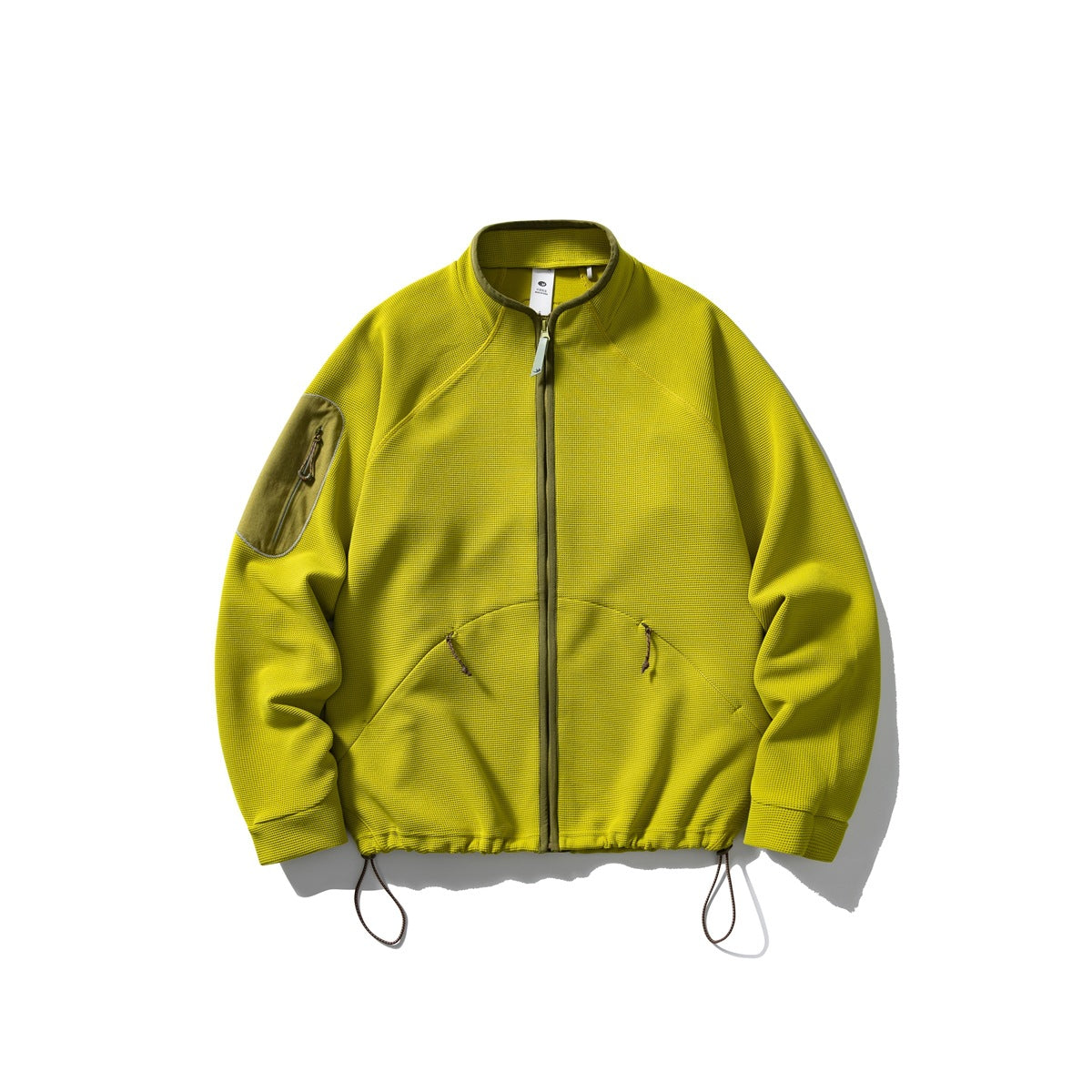 Chartreuse green waffle-knit zip jacket with olive trim, olive sleeve pocket and drawcord hem, flat view