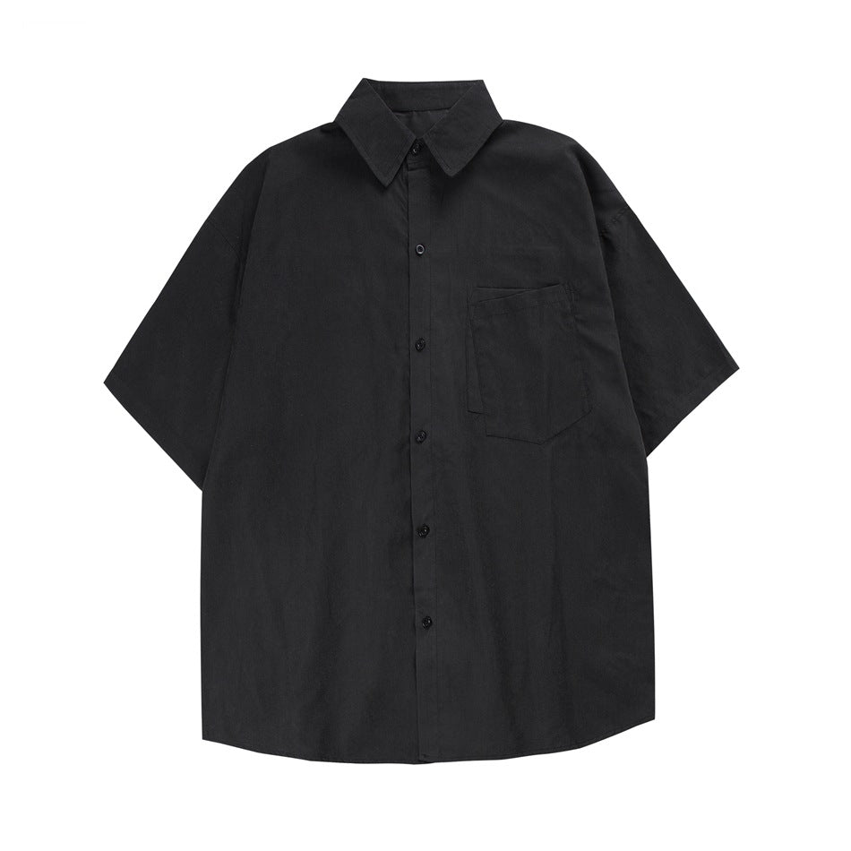 Black short-sleeve button-up shirt with collar and chest pocket, flat lay front view