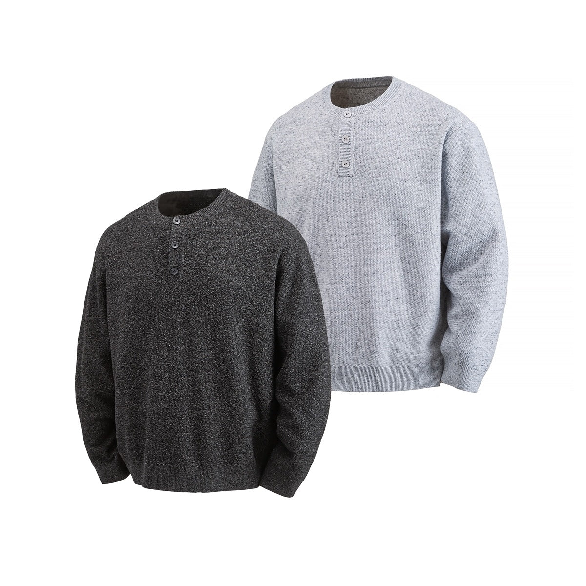 Front view of two long-sleeve knit sweaters with crew necks and three-button plackets, in light gray and charcoal.
