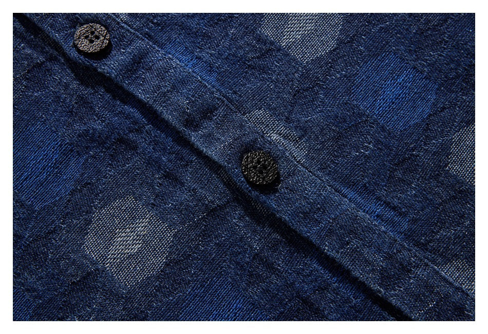 Close-up of a dark blue patterned shirt with two black buttons along the placket.