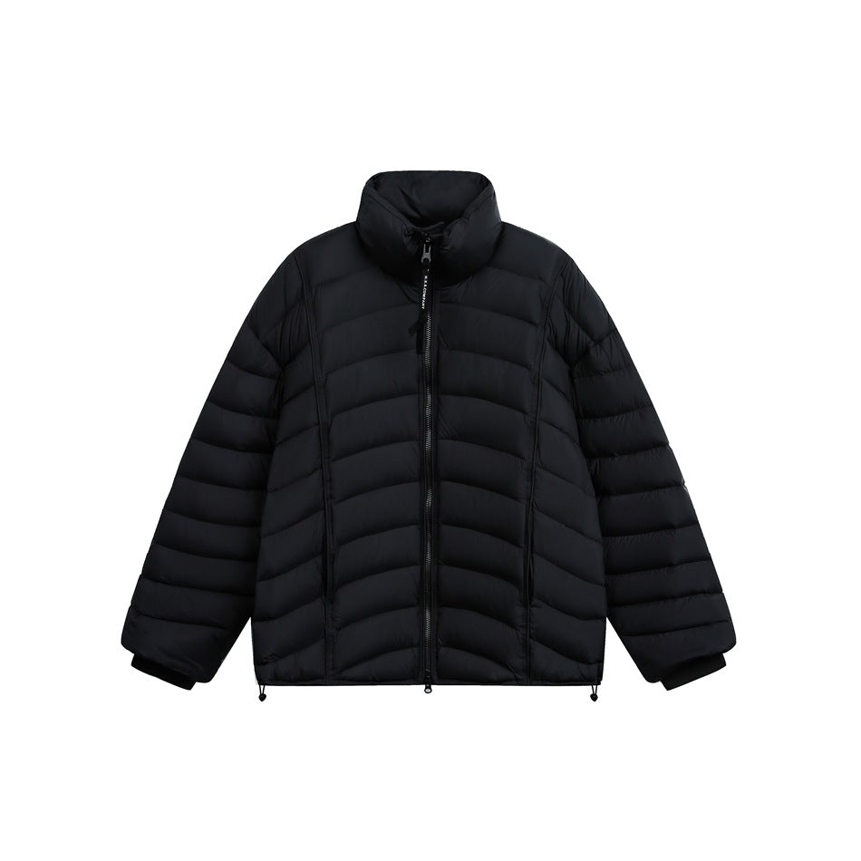Black quilted stand-collar puffer jacket with front zipper and drawcord hem, flat front view