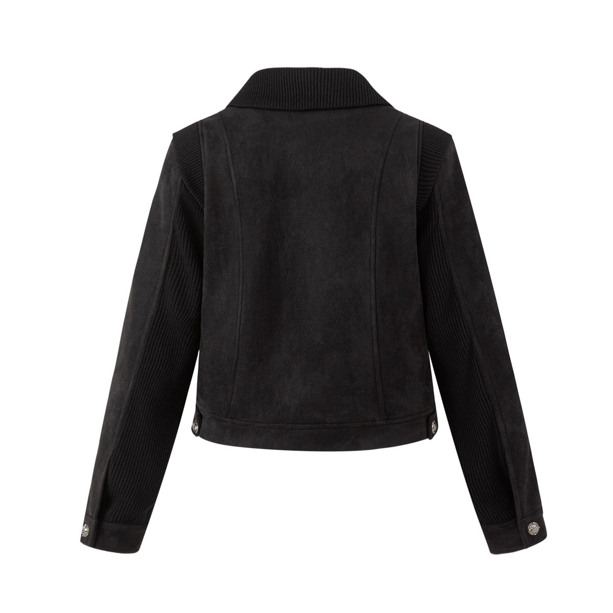 Back view of a black jacket with a ribbed stand collar, ribbed sleeve panels, and silver buttons at the cuffs and hem.