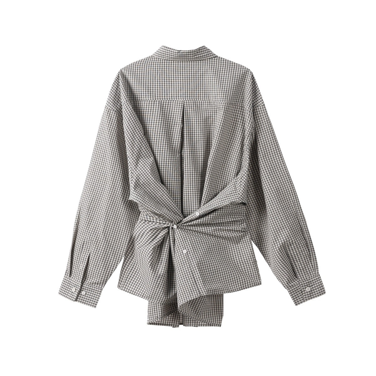 Flat-lay back of a gingham shirt showing a center back pleat and a twisted, gathered waist hem with button
