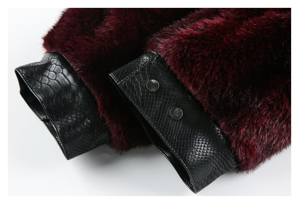 Burgundy pile cuffs with black reptile-embossed snap-tab closures.