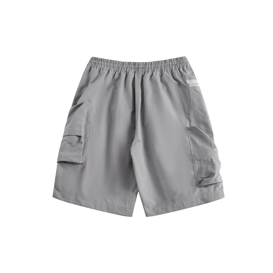 Light gray cargo shorts, back flat lay, showing elastic waistband and large side cargo pockets