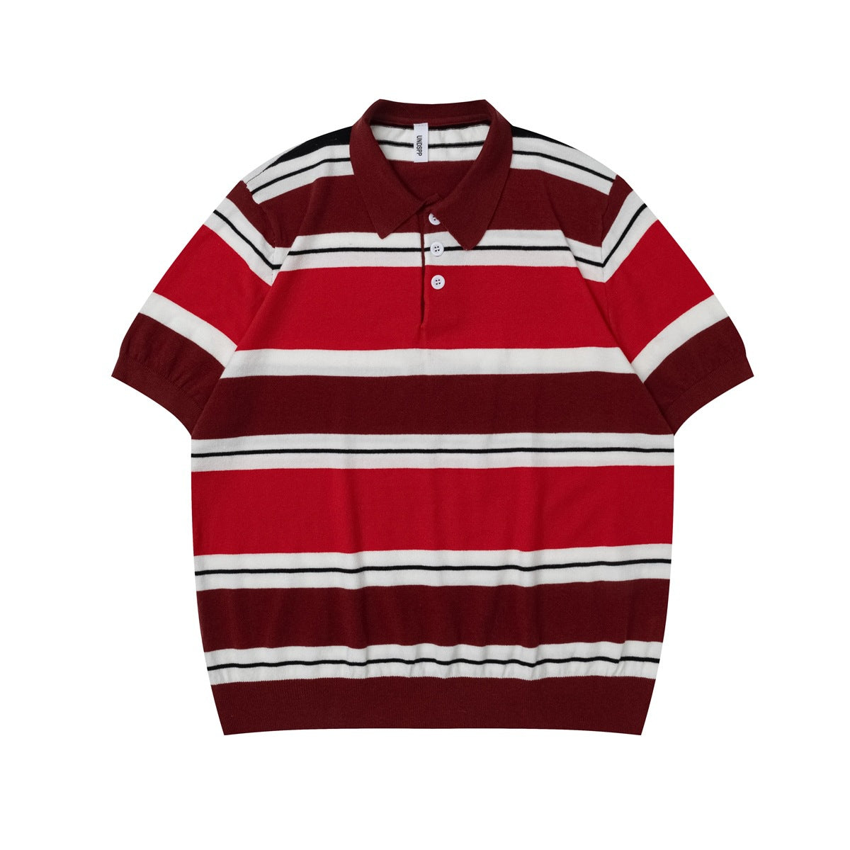 Red, burgundy and white striped short-sleeve knit polo shirt with buttoned placket, flat lay front view