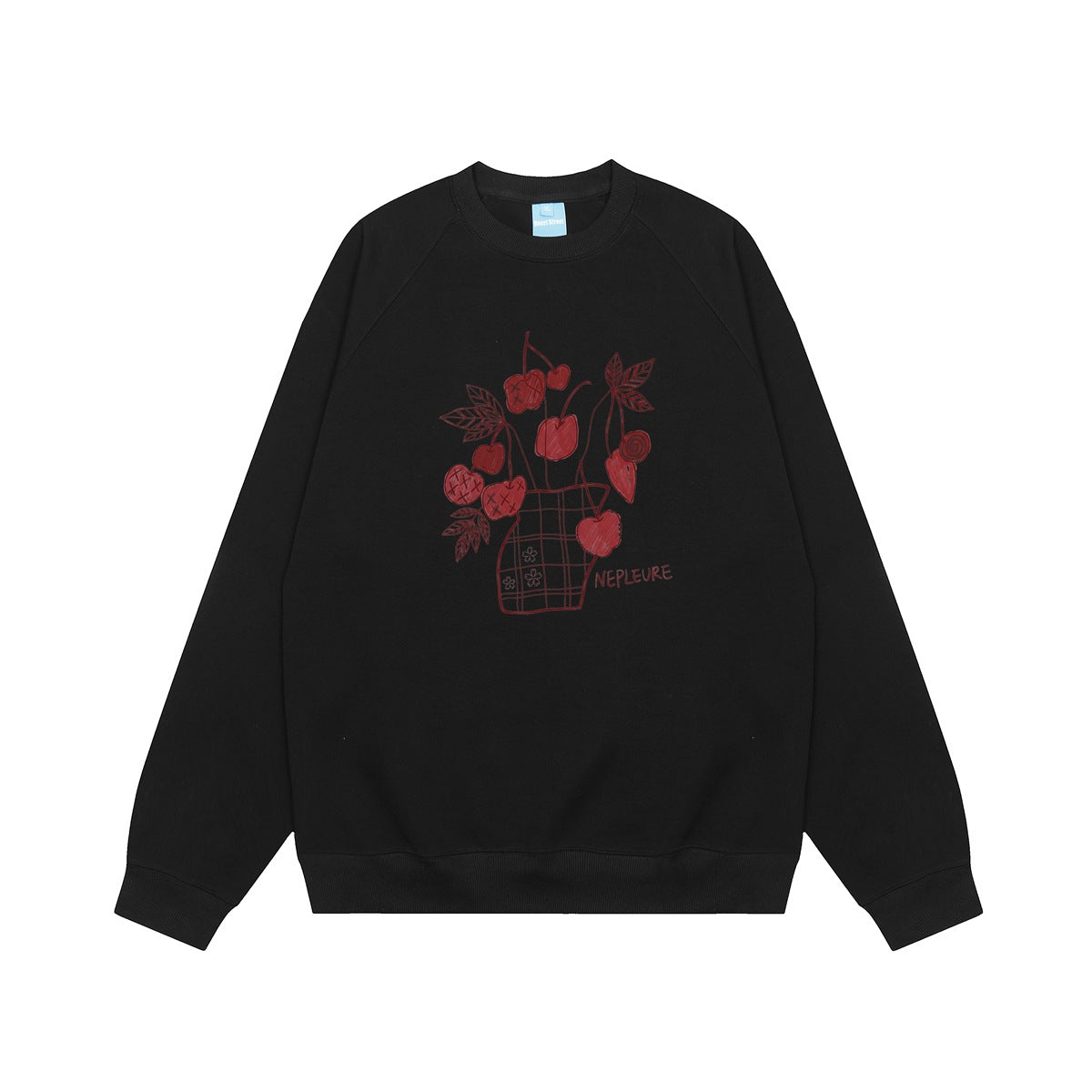 Black crewneck raglan sweatshirt with deep red cherry and plaid vase print and NEPLEURE text