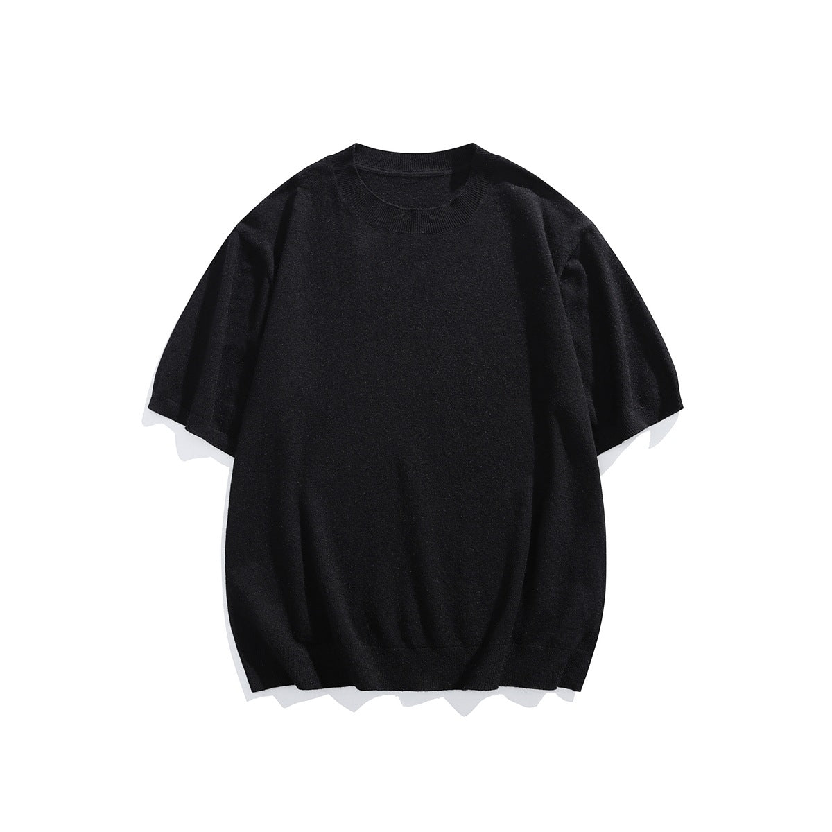 Black short-sleeve knit crew-neck top flat lay, front view, with ribbed collar and hem