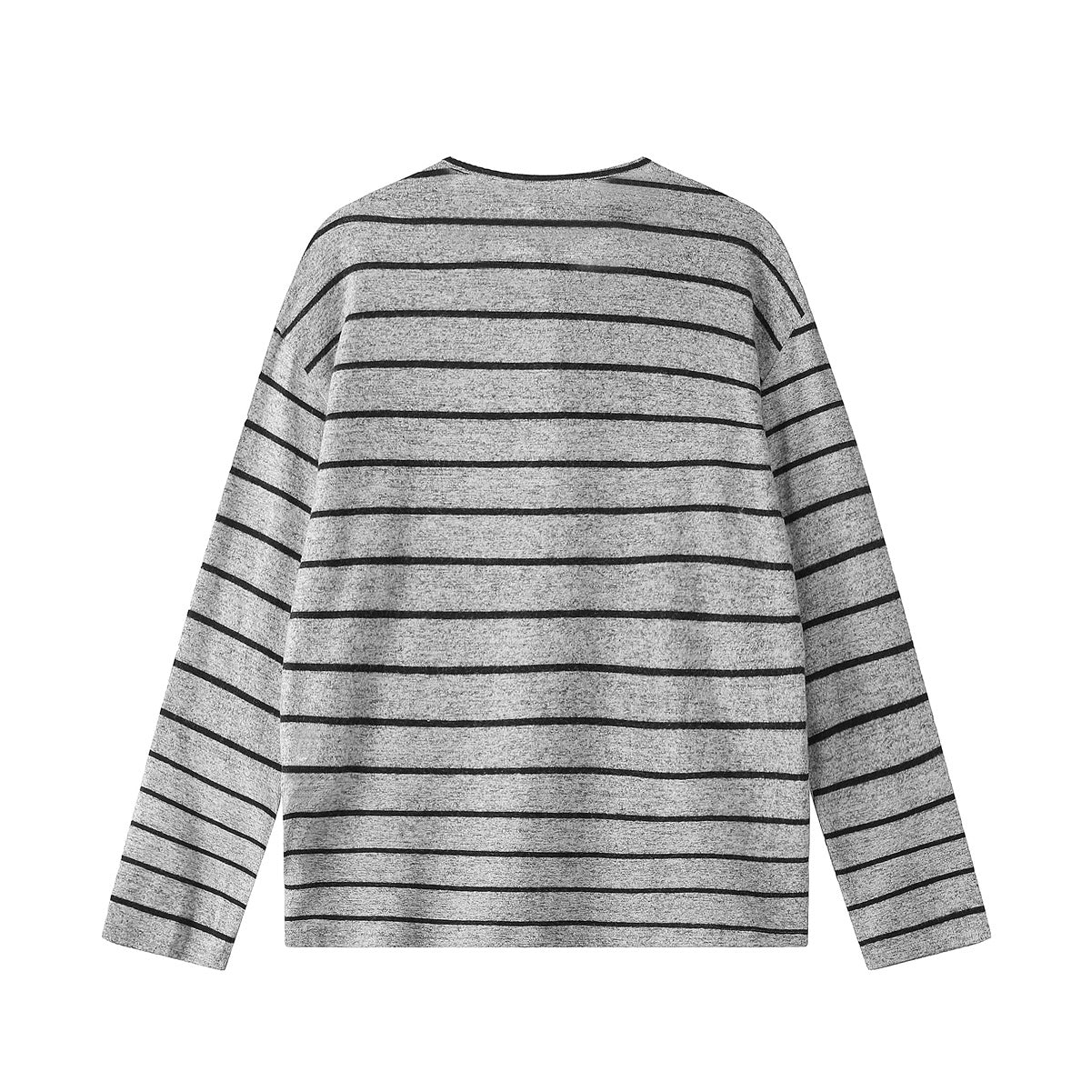 Back view of a light gray long-sleeve shirt with thin dark horizontal stripes.