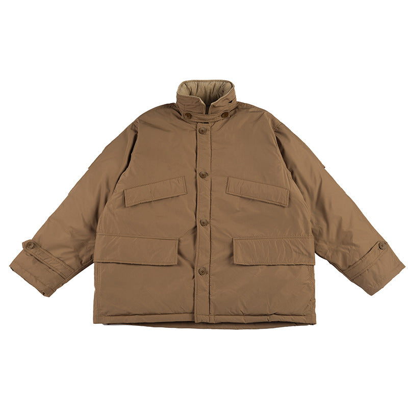 Khaki padded jacket flat lay with stand collar, button front, four flap pockets and buttoned cuff tabs
