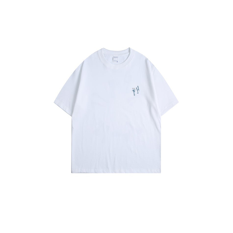 White short-sleeve crew-neck T-shirt with a small chest graphic, shown flat against a white background.