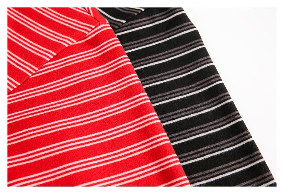 Close-up comparison of red and black shirts with thin light horizontal stripes.