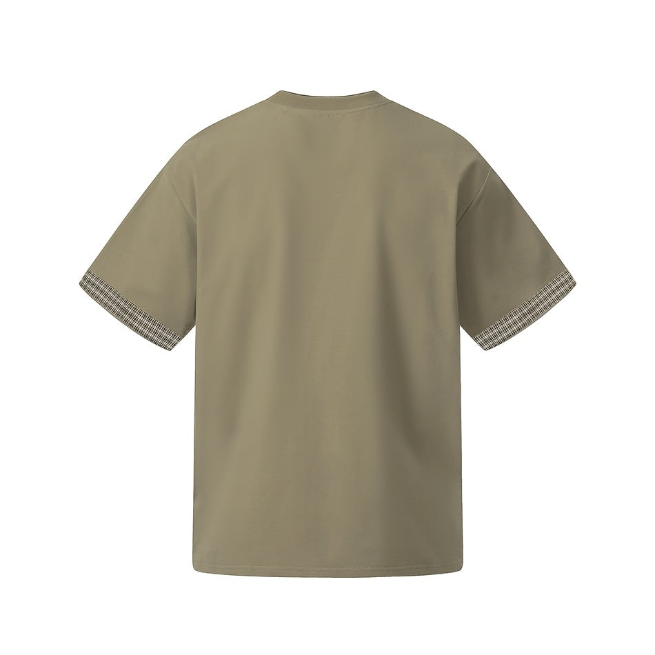 Back view of a taupe short-sleeve T-shirt with checked trim on the sleeve cuffs.