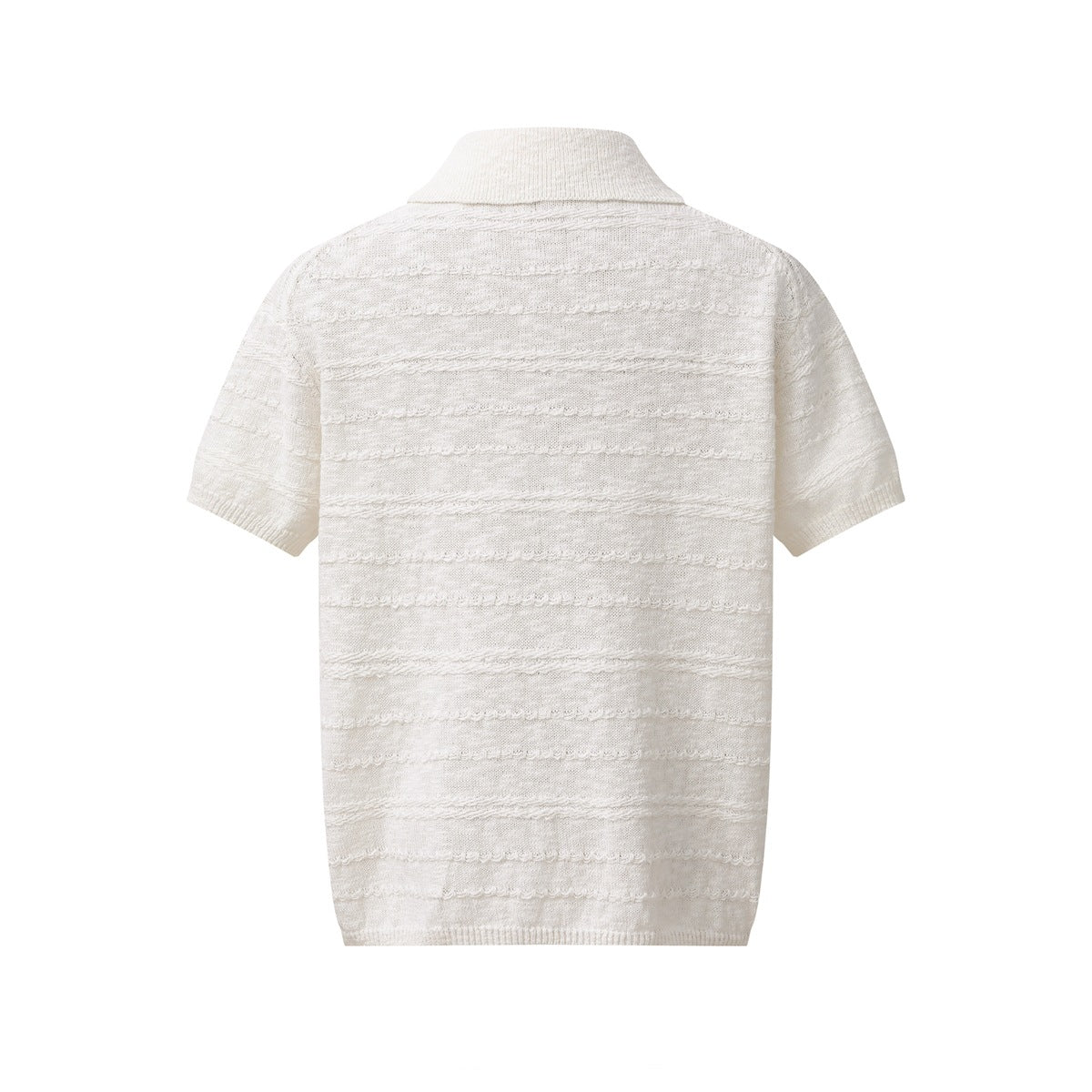 Back view of an ivory short-sleeve knit polo shirt with horizontal textured bands.