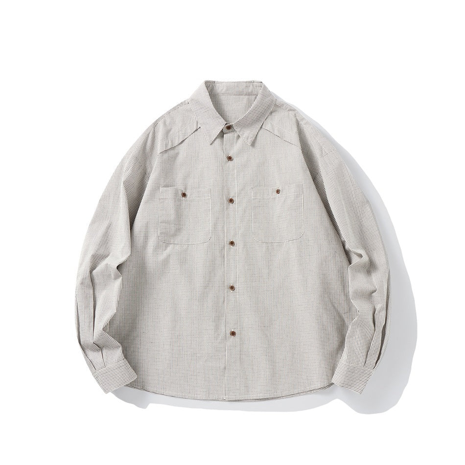 Front flat lay of a long-sleeve brown and off-white gingham check shirt with chest pockets and brown buttons