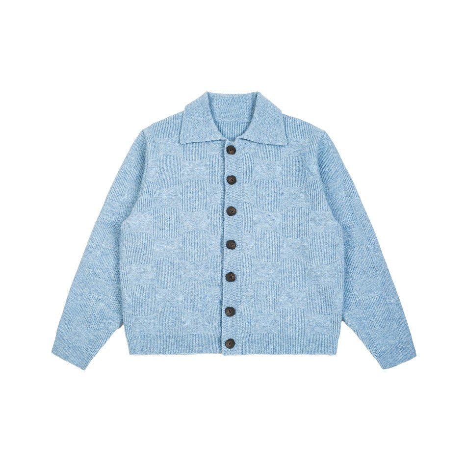 Blue knit button-front cardigan with collar and checkerboard texture, flat front view