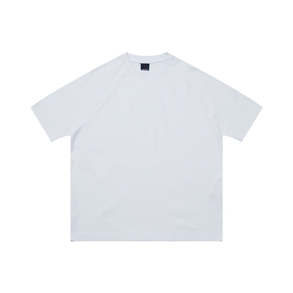 White short-sleeve raglan crew neck T-shirt, flat front view on white background