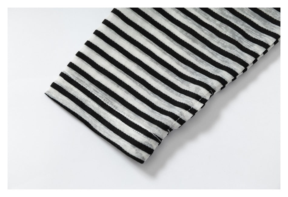 Close-up of a black-and-white striped sleeve ending in a stitched cuff.
