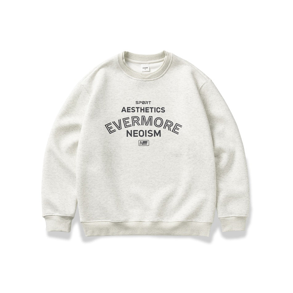 Front view of a light heather gray crewneck sweatshirt with ribbed trim and bold black chest lettering.