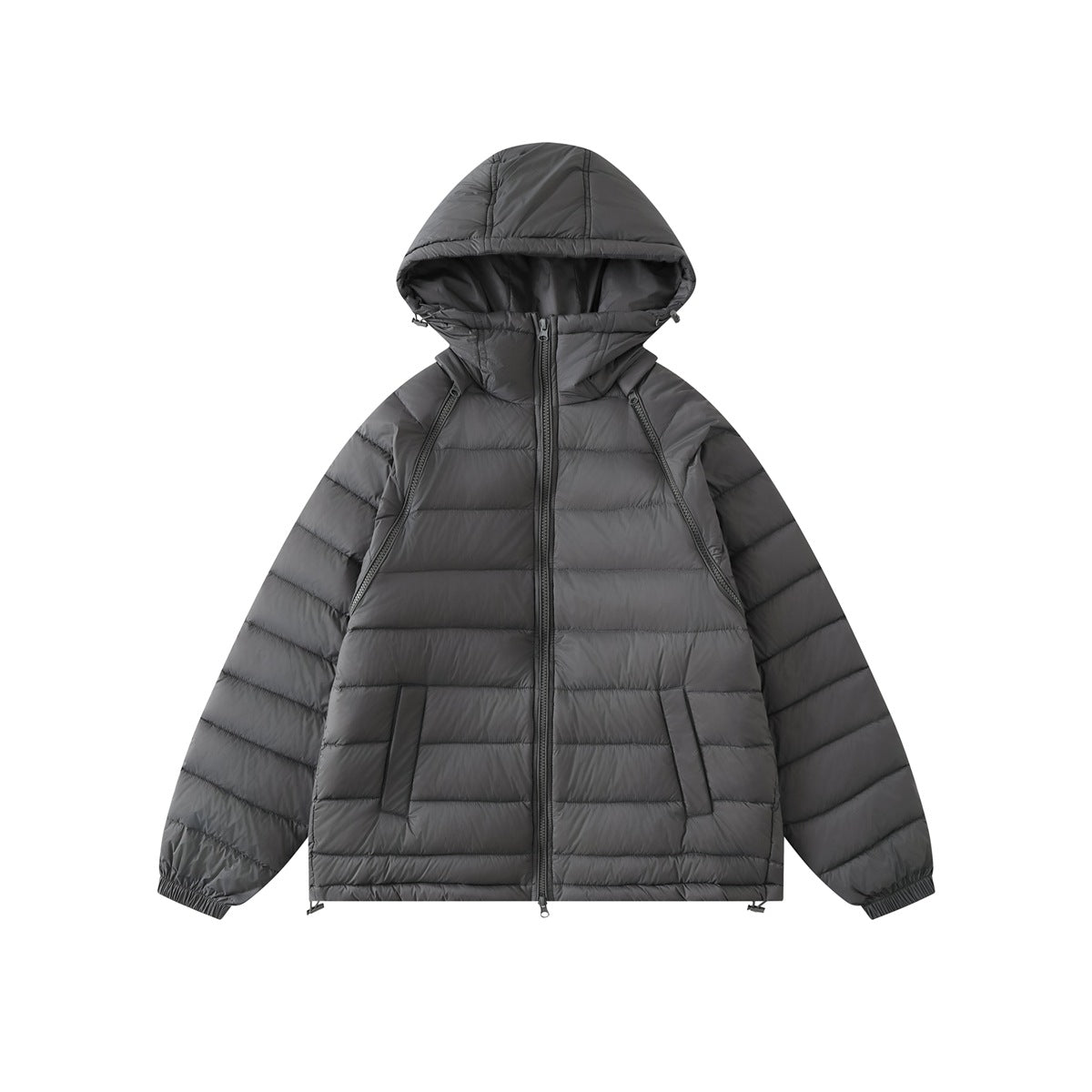 Dark gray hooded quilted puffer jacket, front view, with center zipper, zippered shoulder seams and front pockets