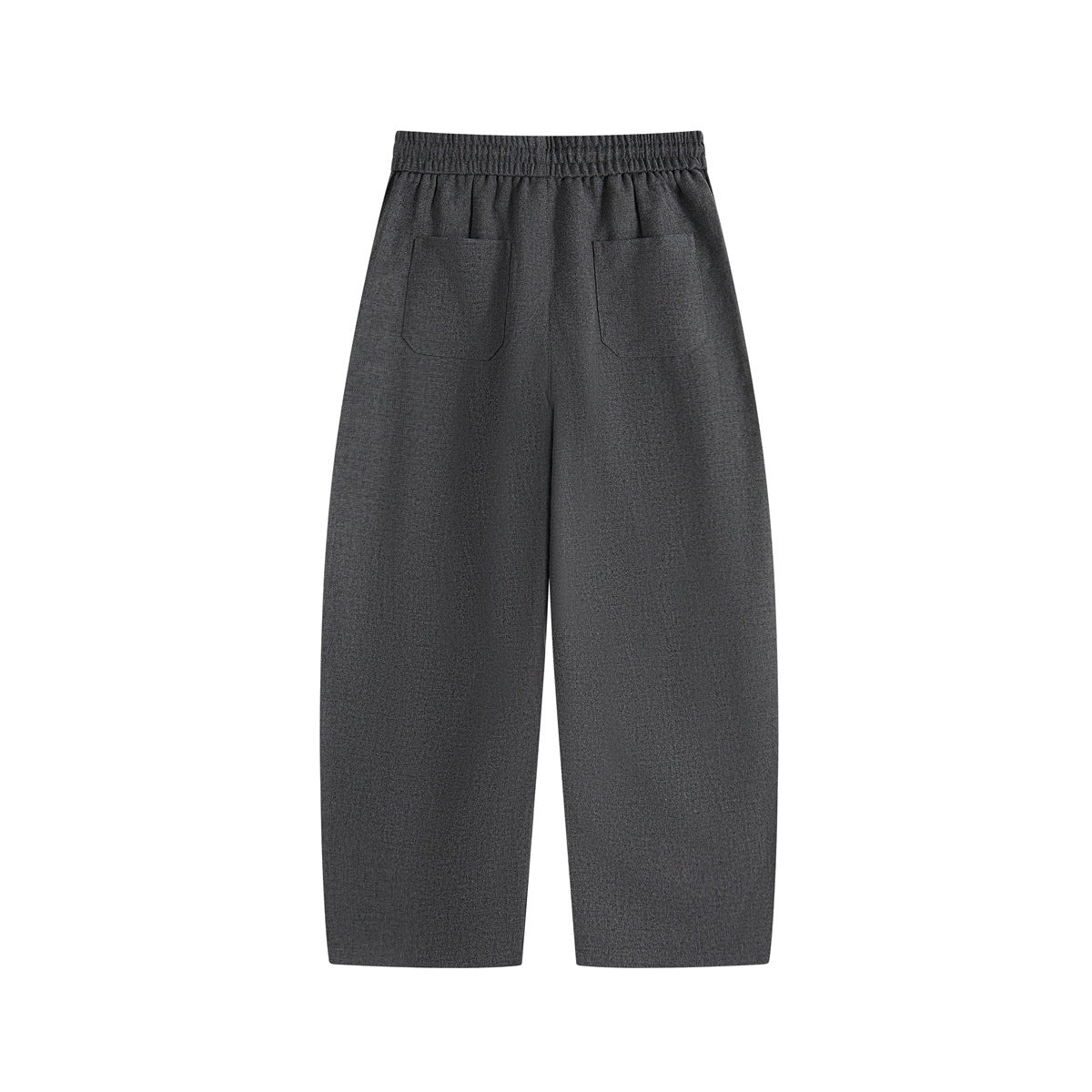 Back view of charcoal gray wide-leg pants with an elastic waistband and two patch pockets.