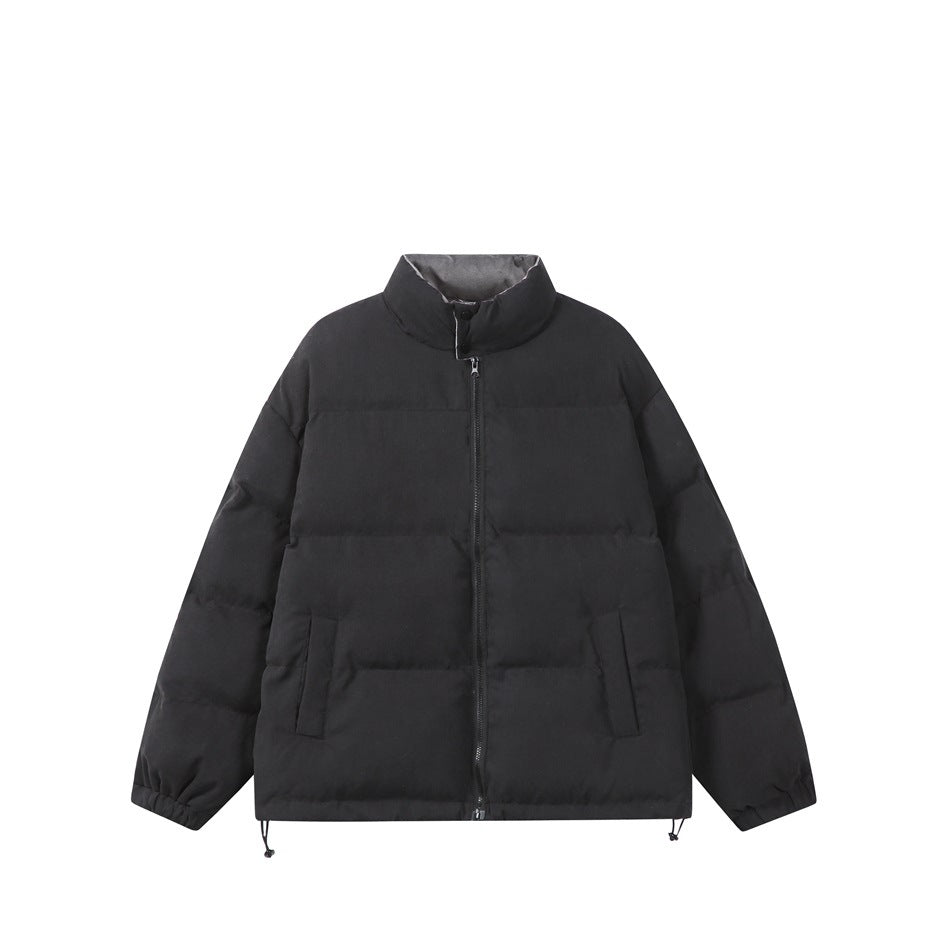 Front view of a black padded jacket with a stand collar, center zipper, slanted pockets, and adjustable hem cords.