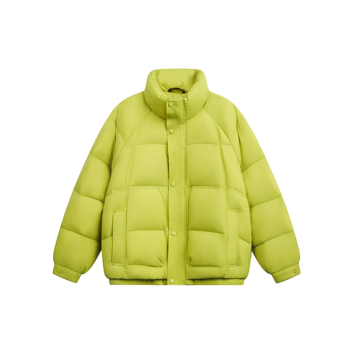 Lime green puffer jacket with stand collar, snap placket, quilted channels and front pockets, flat front view