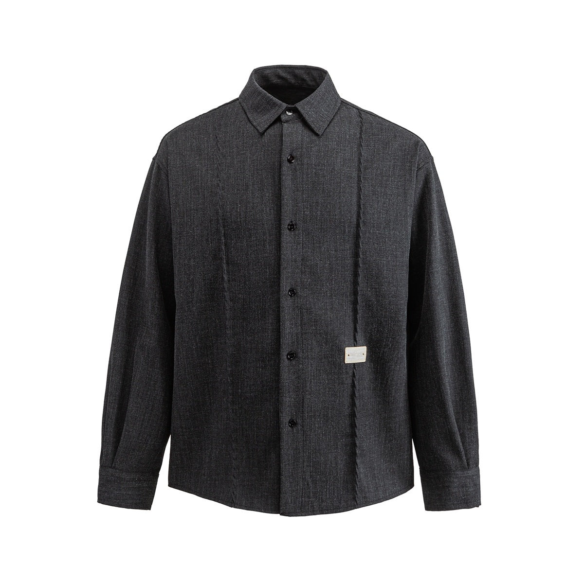 Black heathered long-sleeve button-up shirt, front flat view, with twisted vertical seams and a small label patch