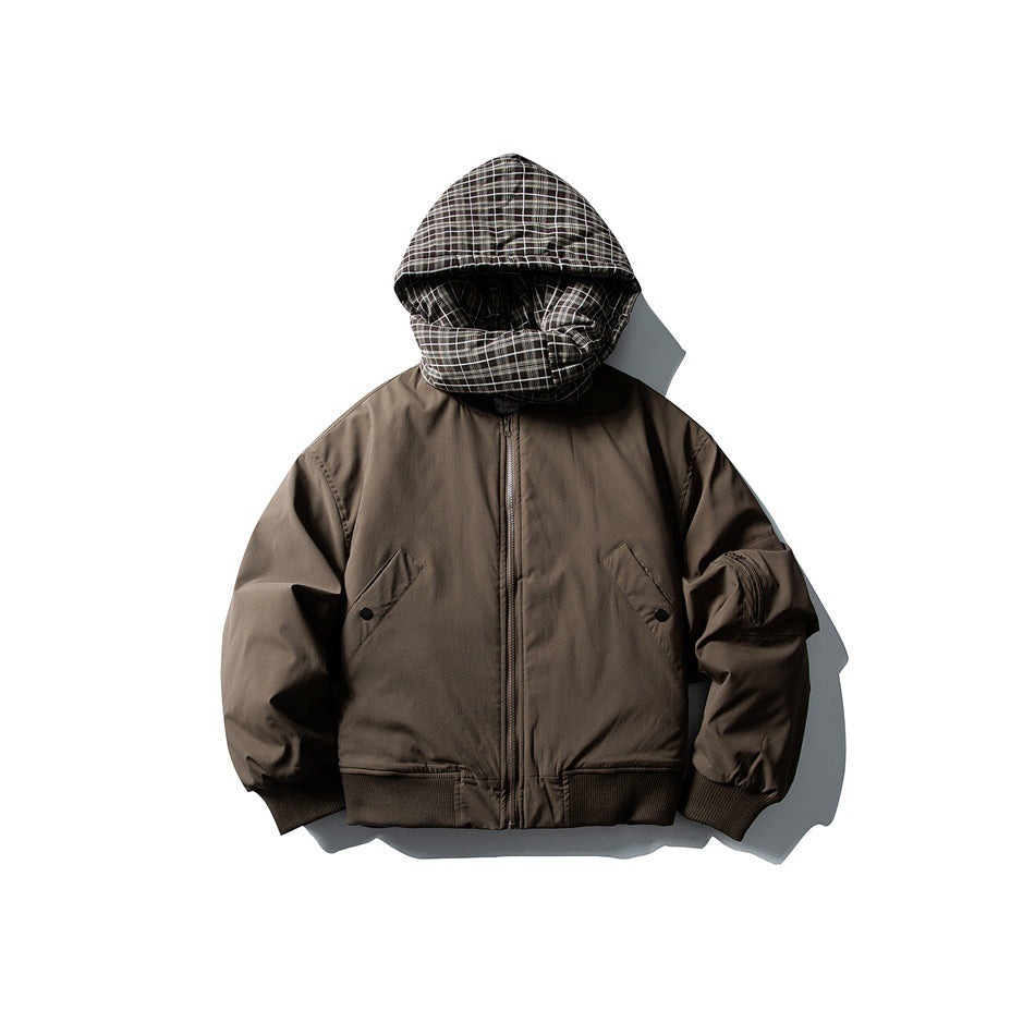 Brown zip-up bomber-style jacket with plaid hood up, front pockets and ribbed hem, flat lay