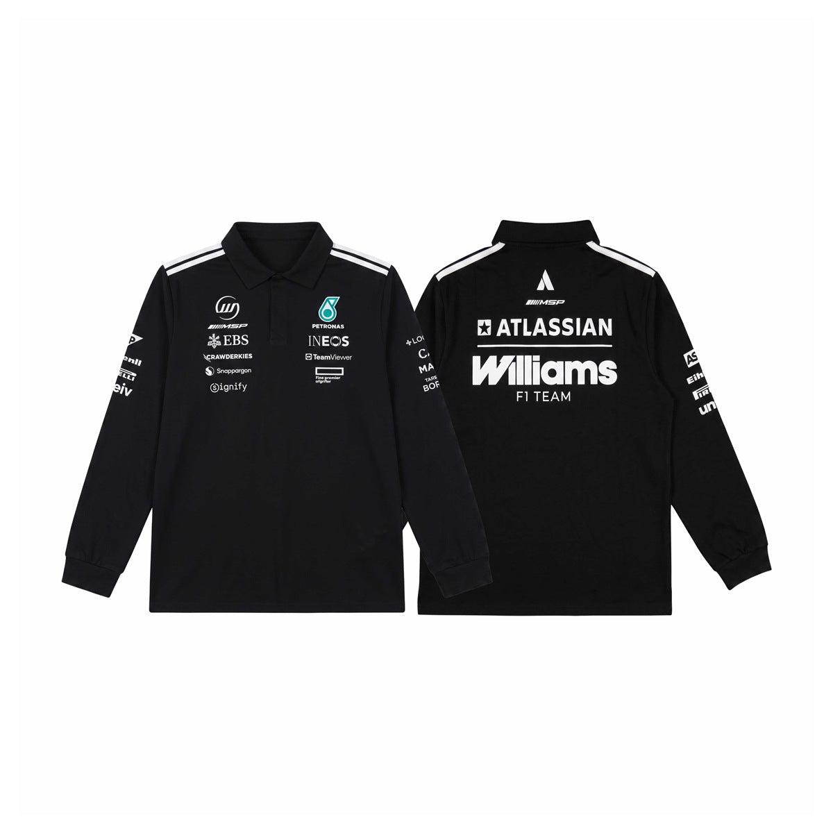 Black long-sleeve collared team polo shown front and back, with white shoulder stripes and printed sponsor graphics.