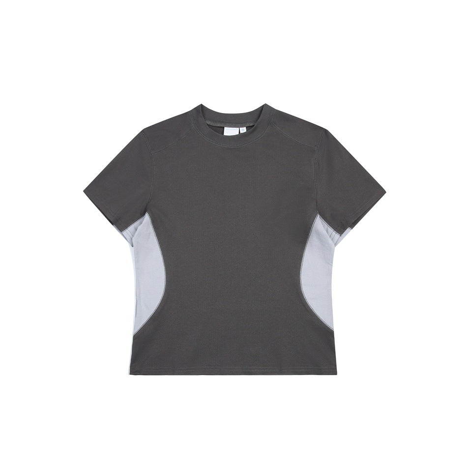 Front view of a charcoal short-sleeve crew-neck shirt with light gray curved side panels.