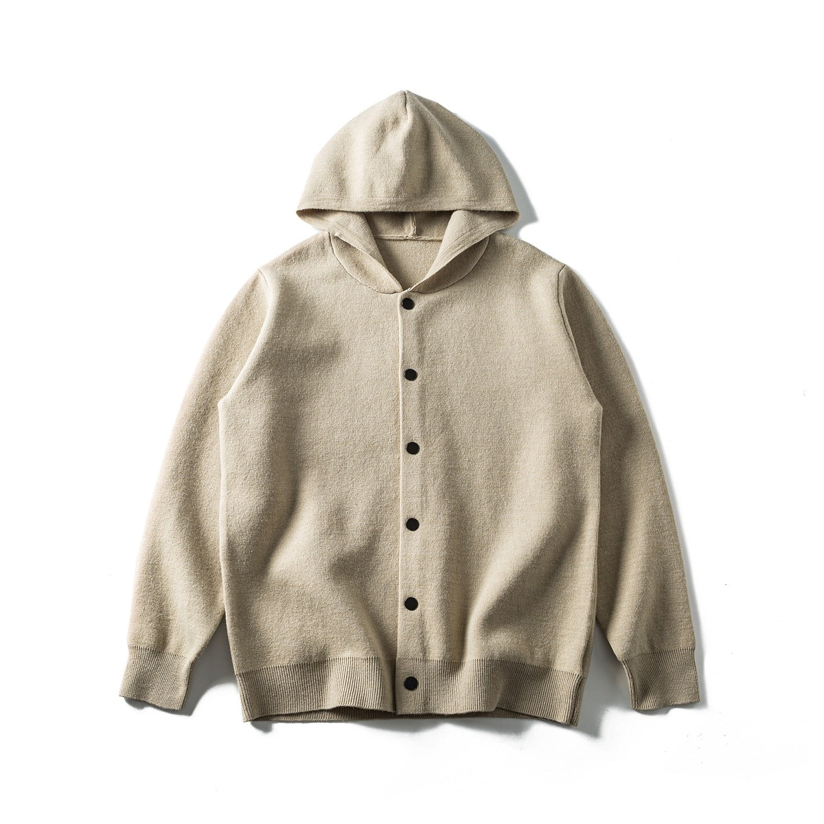 Khaki knit hooded cardigan flat lay with black round buttons and ribbed cuffs and hem
