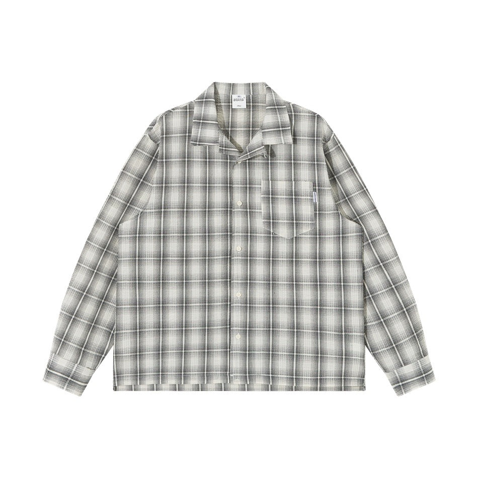 Light gray and white plaid long-sleeve button-front shirt with open collar and chest pocket, flat front view