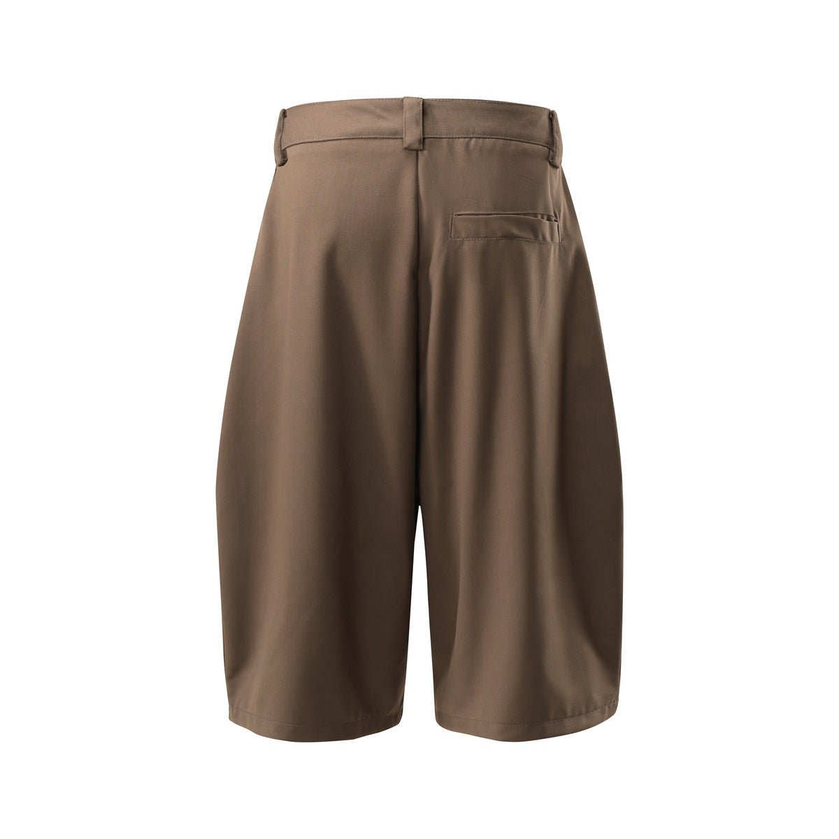 Back view of brown wide-leg shorts with a waistband, belt loops and a single rear pocket.
