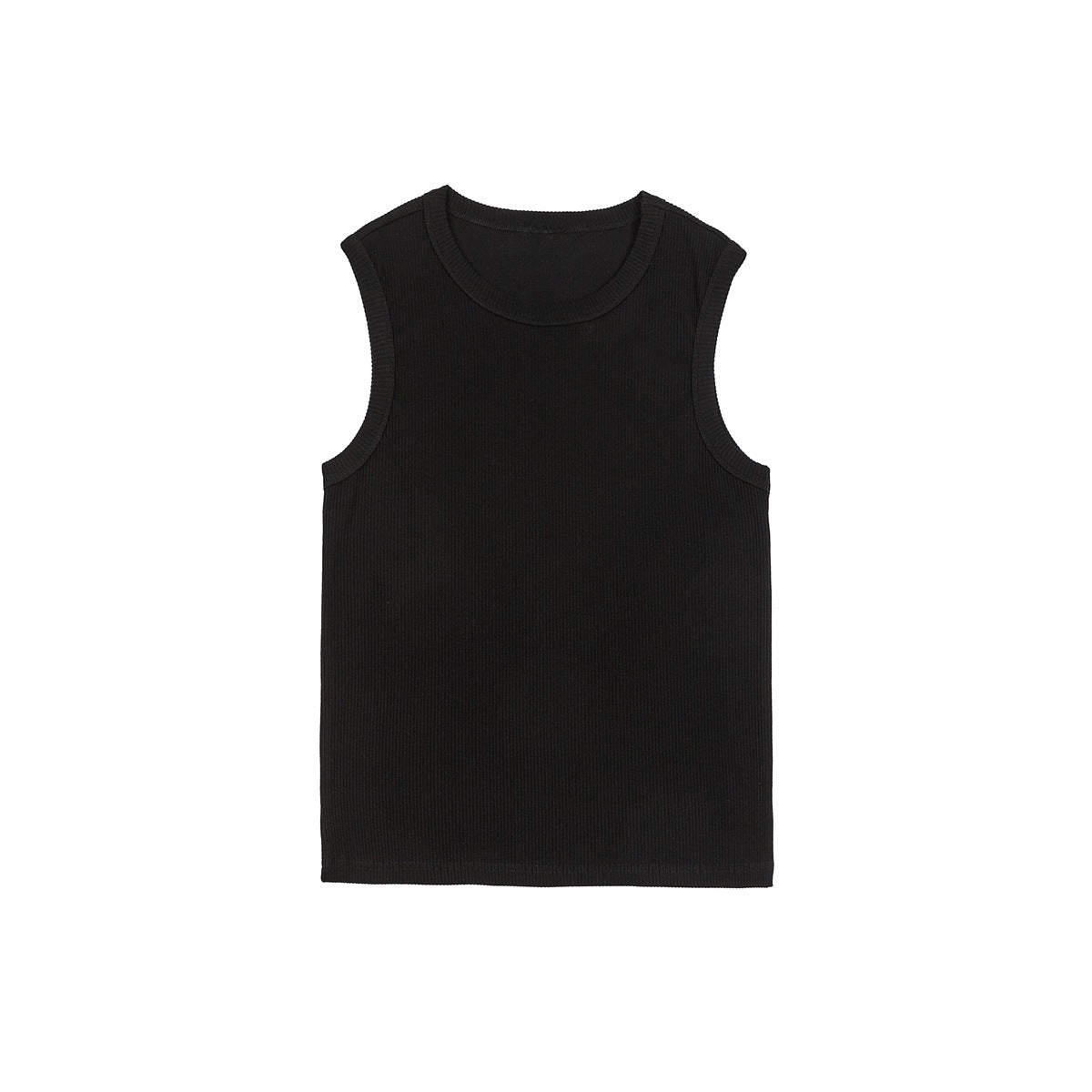 Black sleeveless ribbed knit tank top with round neckline, flat lay on a white background